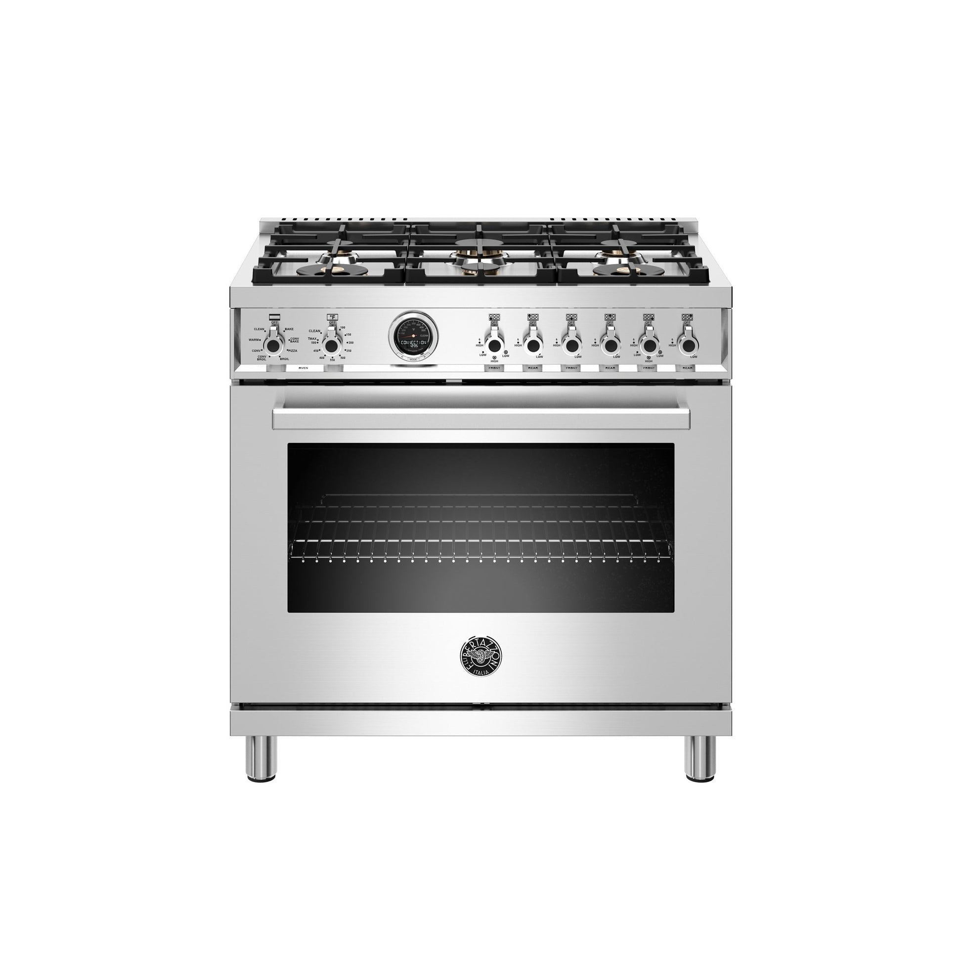 Bertazzoni Professional Series 36" 6 Brass Burners Stainless Steel Freestanding Dual Fuel Range With 5.7 Cu.Ft. Electric Self-Clean Oven