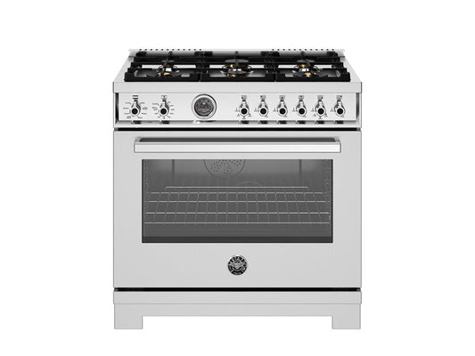 Bertazzoni Professional Series 36" 6 Brass Burners Stainless Steel Freestanding Dual Fuel Range With Cast Iron Griddle and 5.7 Cu.Ft. Electric Self-Clean Oven