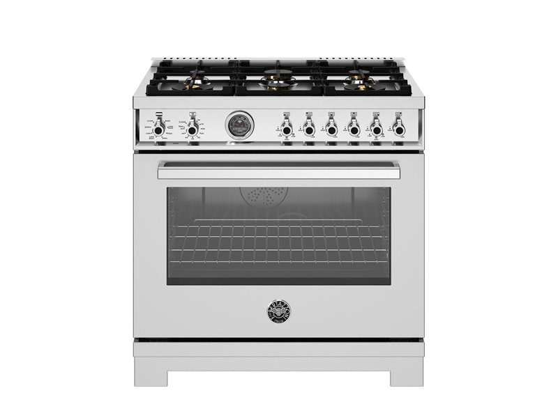 Bertazzoni Professional Series 36" 6 Brass Burners Stainless Steel Freestanding Dual Fuel Range With Cast Iron Griddle and 5.7 Cu.Ft. Electric Self-Clean Oven