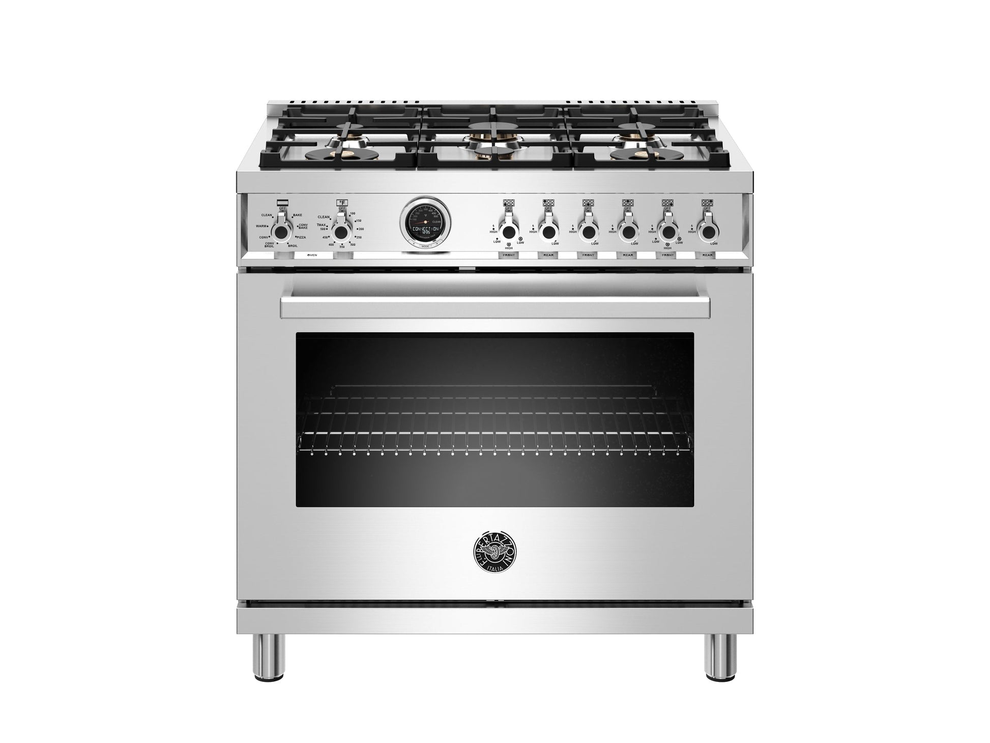 Bertazzoni Professional Series 36" 6 Brass Burners Stainless Steel Freestanding Propane Gas Range With 5.7 Cu.Ft. Electric Self-Clean Oven