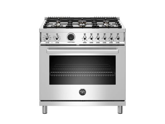 Bertazzoni Professional Series 36" 6 Brass Burners Stainless Steel Freestanding Propane Gas Range With 5.7 Cu.Ft. Electric Self-Clean Oven