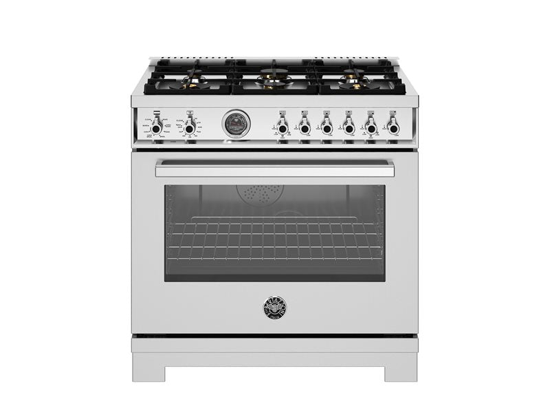 Bertazzoni Professional Series 36" 6 Brass Burners Stainless Steel Freestanding Propane Gas Range With Cast Iron Griddle and 5.7 Cu.Ft. Electric Self-Clean Oven