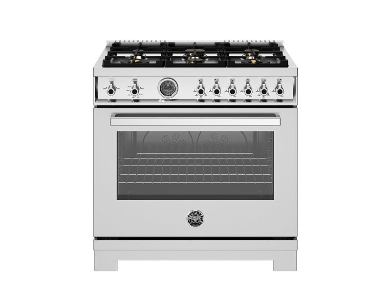 Bertazzoni Professional Series 36" 6 Brass Burners Stainless Steel Freestanding Propane Gas Range With Cast Iron Griddle and 5.9 Cu.Ft. Gas Oven