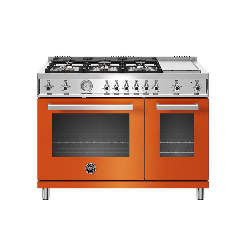 Bertazzoni Professional Series 48" 6 Brass Burners Arancio Freestanding All Gas Range With 7.2 Cu.Ft. Double Oven and Electric Griddle