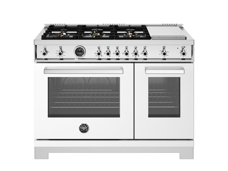 Bertazzoni Professional Series 48" 6 Brass Burners Bianco Freestanding All Gas Range With 7.1 Cu.Ft. Double Gas Oven and Electric Griddle