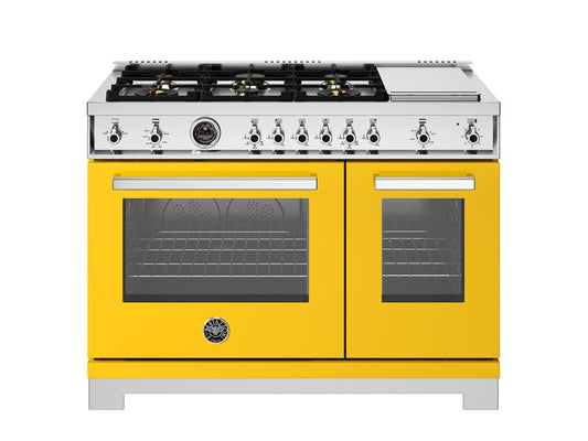 Bertazzoni Professional Series 48" 6 Brass Burners Giallo Freestanding All Gas Range With 7.1 Cu.Ft. Double Gas Oven and Electric Griddle