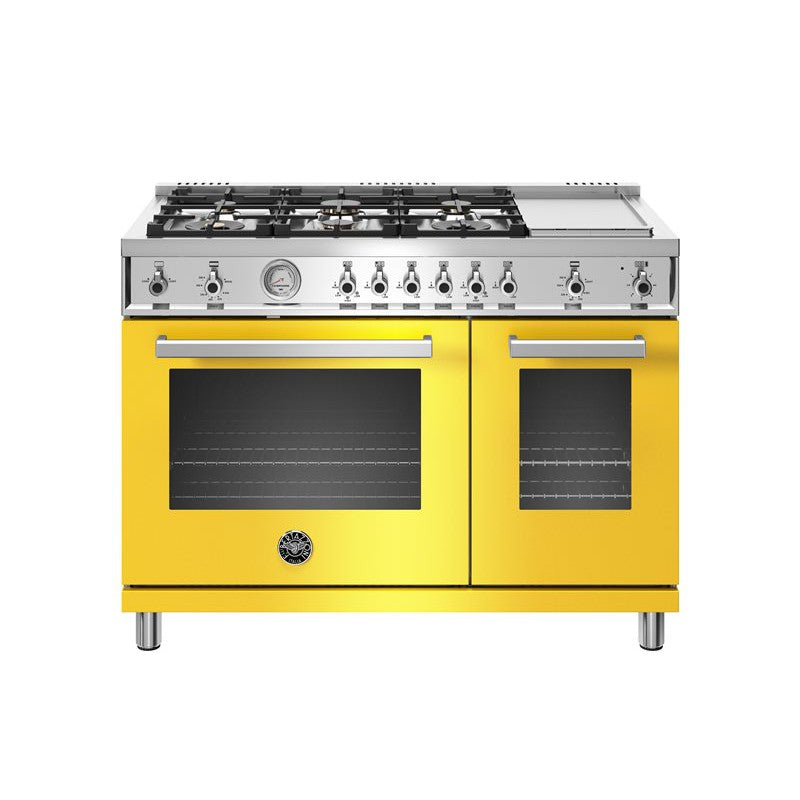 Bertazzoni Professional Series 48" 6 Brass Burners Giallo Freestanding All Gas Range With 7.2 Cu.Ft. Double Oven and Electric Griddle