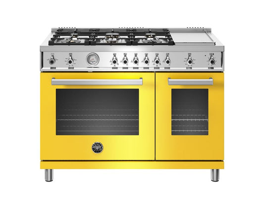 Bertazzoni Professional Series 48" 6 Brass Burners Giallo Freestanding Propane Gas Range With 7.2 Cu.Ft. Double Oven and Electric Griddle