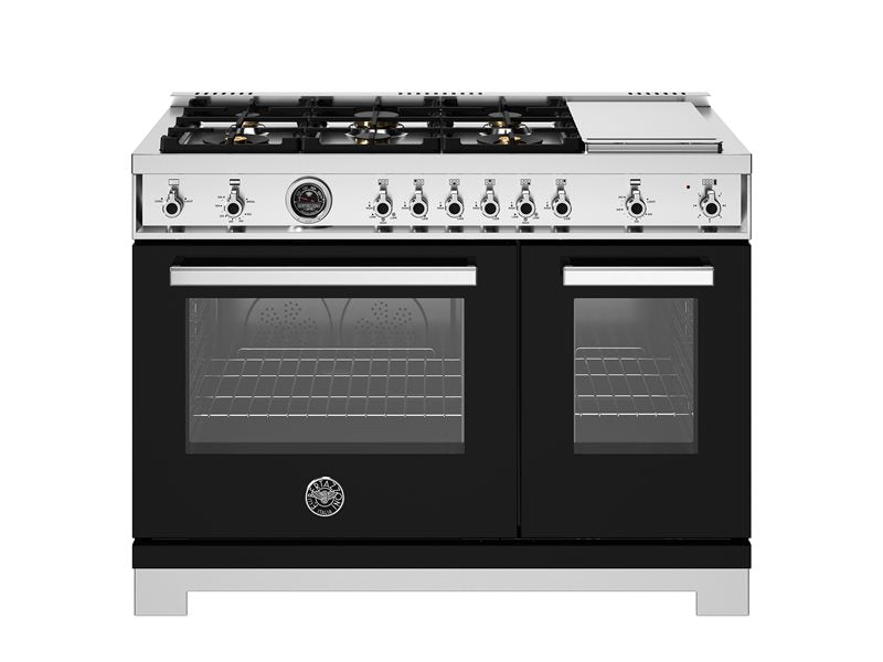 Bertazzoni Professional Series 48" 6 Brass Burners Nero Freestanding All Gas Range With 7.1 Cu.Ft. Double Gas Oven and Electric Griddle