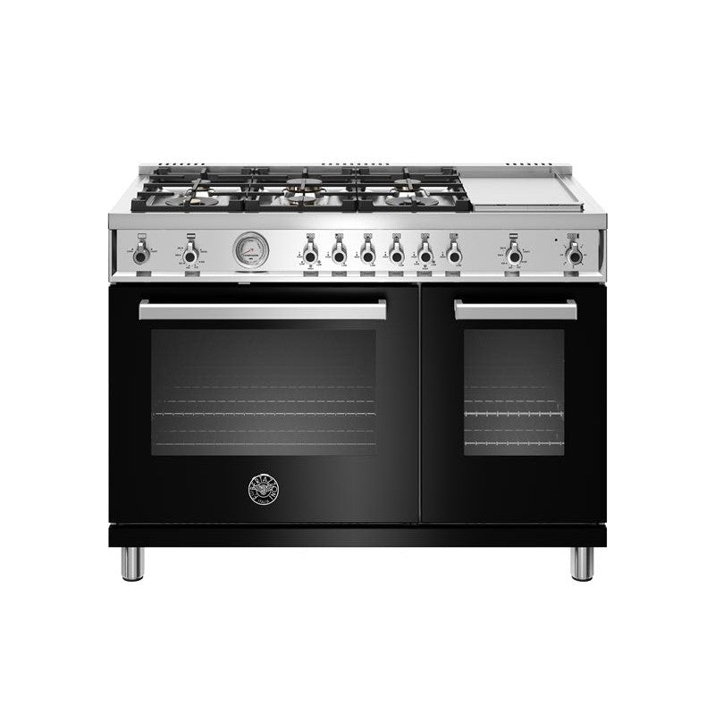 Bertazzoni Professional Series 48" 6 Brass Burners Nero Freestanding All Gas Range With 7.2 Cu.Ft. Double Oven and Electric Griddle