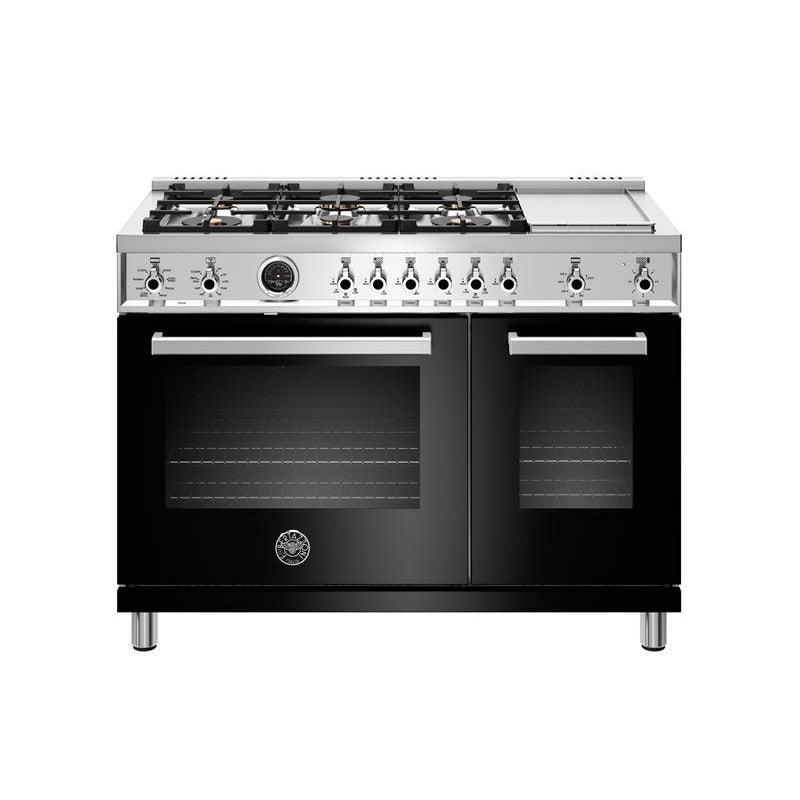 Bertazzoni Professional Series 48" 6 Brass Burners Nero Freestanding Dual Fuel Range With 7 Cu.Ft. Electric Self-Clean Oven and Griddle