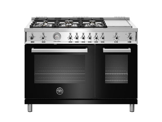 Bertazzoni Professional Series 48" 6 Brass Burners Nero Freestanding Propane Gas Range With 7.2 Cu.Ft. Double Oven and Electric Griddle