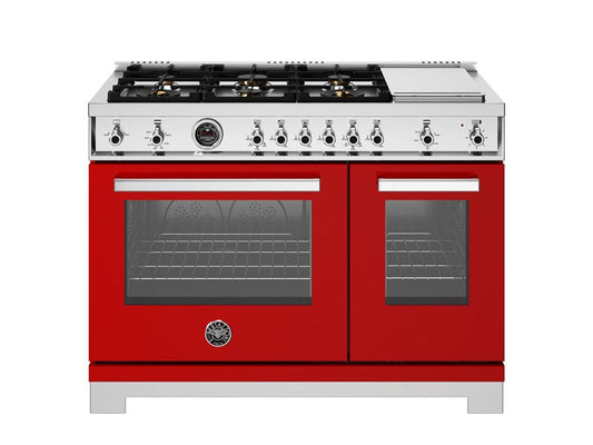 Bertazzoni Professional Series 48" 6 Brass Burners Rosso Freestanding All Gas Range With 7.1 Cu.Ft. Double Gas Oven and Electric Griddle