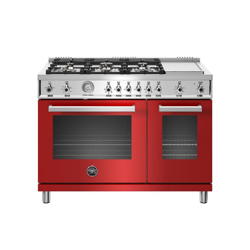 Bertazzoni Professional Series 48" 6 Brass Burners Rosso Freestanding All Gas Range With 7.2 Cu.Ft. Double Oven and Electric Griddle