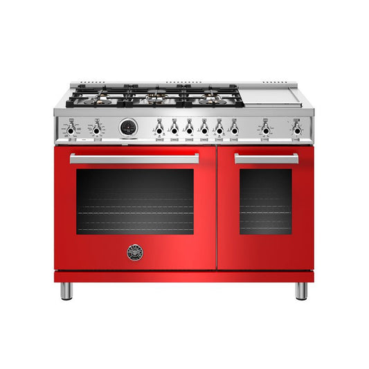 Bertazzoni Professional Series 48" 6 Brass Burners Rosso Freestanding Dual Fuel Range With 7 Cu.Ft. Electric Self-Clean Oven and Griddle