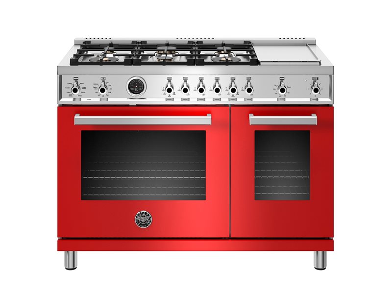 Bertazzoni Professional Series 48" 6 Brass Burners Rosso Freestanding Propane Gas Range With 7 Cu.Ft. Electric Self-Clean Oven and Griddle