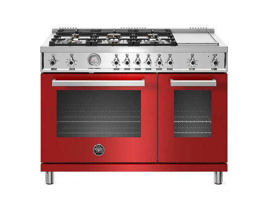 Bertazzoni Professional Series 48" 6 Brass Burners Rosso Freestanding Propane Gas Range With 7.2 Cu.Ft. Double Oven and Electric Griddle