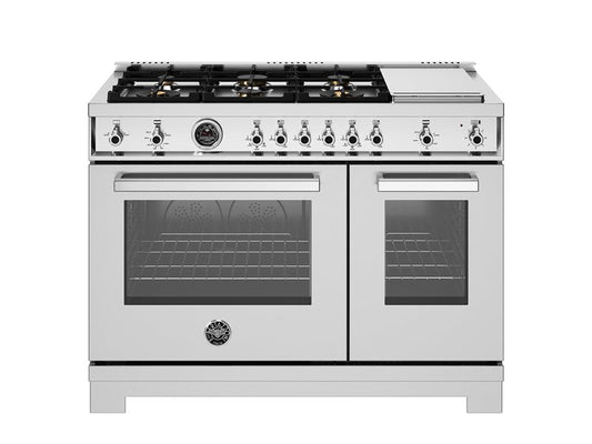 Bertazzoni Professional Series 48" 6 Brass Burners Stainless Steel Freestanding All Gas Range With 7.1 Cu.Ft. Double Gas Oven and Electric Griddle