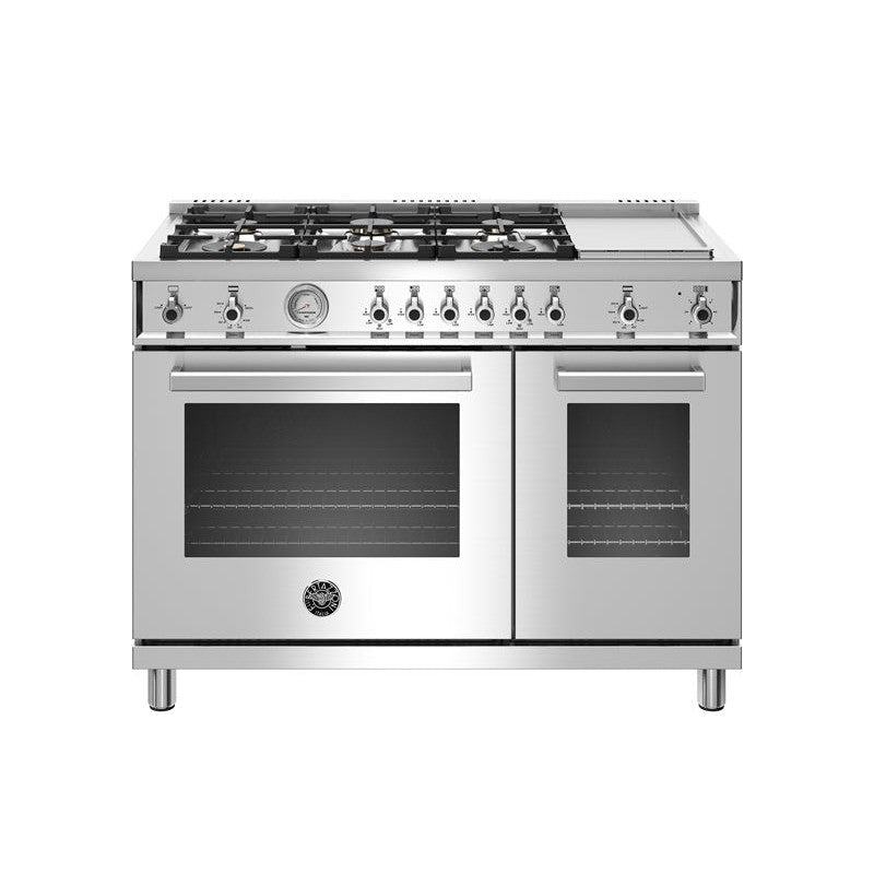 Bertazzoni Professional Series 48" 6 Brass Burners Stainless Steel Freestanding All Gas Range With 7.2 Cu.Ft. Double Oven and Electric Griddle