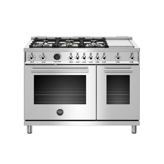 Bertazzoni Professional Series 48" 6 Brass Burners Stainless Steel Freestanding Dual Fuel Range With 7 Cu.Ft. Electric Self-Clean Oven and Griddle