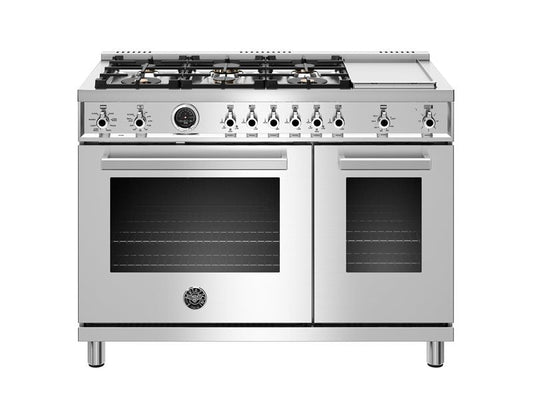 Bertazzoni Professional Series 48" 6 Brass Burners Stainless Steel Freestanding Propane Gas Range With 7 Cu.Ft. Electric Self-Clean Oven and Griddle