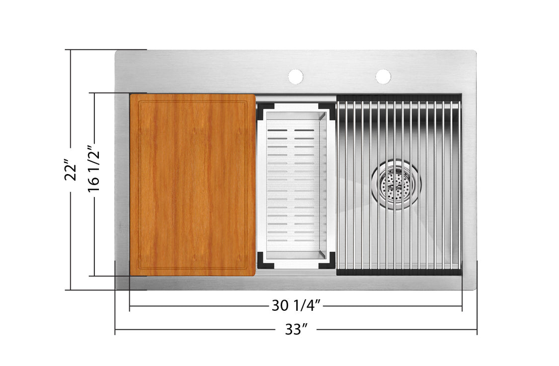 Cahaba CAHCASS3322DMSBWS 33" Stainless Steel 18-Gauge Micro Radius Single Bowl Kitchen Sink - Workstation