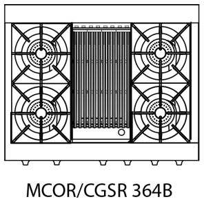 Capital Culinarian Series MCOR364B 36" 4 Open Burners Black Freestanding Natural Gas Range With Small Pan Burner, 4.9 Cu.Ft. Manual Clean Oven, 12" BBQ Grill and Red Knobs