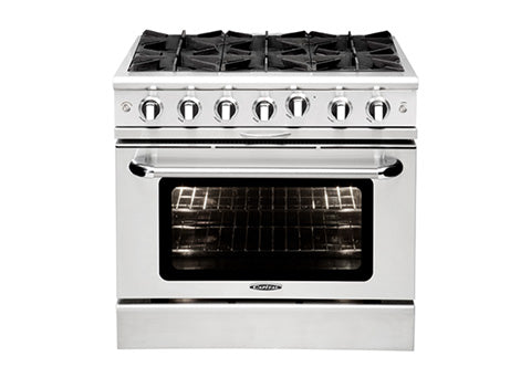 Capital Culinarian Series MCOR364B 36" 4 Open Burners Black Freestanding Natural Gas Range With Small Pan Burner, 4.9 Cu.Ft. Manual Clean Oven, 12" BBQ Grill and Red Knobs