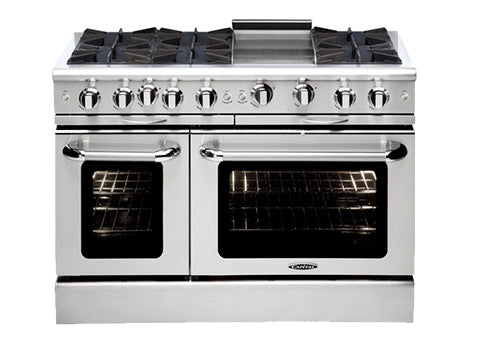 Capital Culinarian Series MCOR484BB 48" 4 Open Burners Black Freestanding Propane Gas Range With 7.6 Cu.Ft. Manual Clean Double Oven, 24" BBQ Grill and Red Knobs