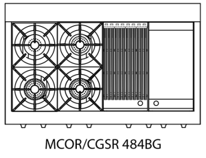 Capital Culinarian Series MCOR484BG 48" 4 Open Burners Black Freestanding Natural Gas Range With 7.6 Cu.Ft. Manual Clean Double Oven, 12" Side BBQ Grill, 12" Griddle and Red Knobs