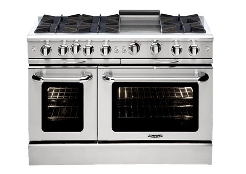 Capital Culinarian Series MCOR486B 48" 6 Open Burners Stainless Steel Freestanding Natural Gas Range With Small Pan Burner, 7.6 Cu.Ft. Manual Clean Double Oven, 12" BBQ Grill and Red Knobs