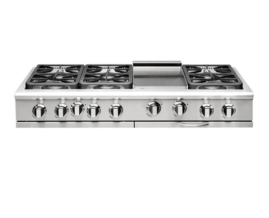 Capital Precision Series GRT484BG 48" 4 Sealed Burners Stainless Steel Natural Gas Rangetop With 12" BBQ Grill, 12" Griddle and Red Knobs