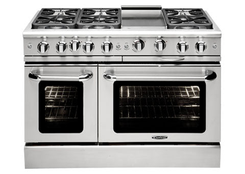 Capital Precision Series GSCR484BG 48" 4 Sealed Burners Black Freestanding Natural Gas Range With 12" BBQ Grill, 12" Griddle, 6.5 Cu.Ft. Self-Clean Double Oven and Red Knobs