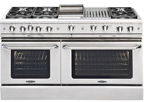 Capital Precision Series GSCR604BG 60" 4 Sealed Burners Black Freestanding Natural Gas Range With 8 Cu.Ft. Self-Clean Double Oven, 12" BBQ Grill, 24" Griddle and Red Knobs