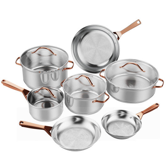 Costway 11 Pieces Stainless Steel Kitchen Cookware Set with Gold Stay & Cool Handles