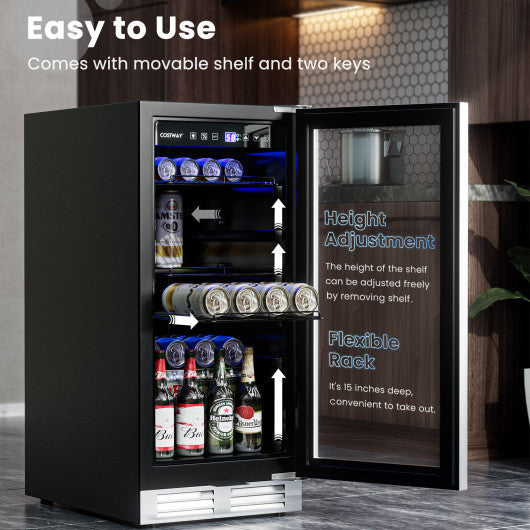 Costway 15" Silver 100 Can Built-in Freestanding Beverage Cooler Refrigerator with Adjustable Temperature and Shelf