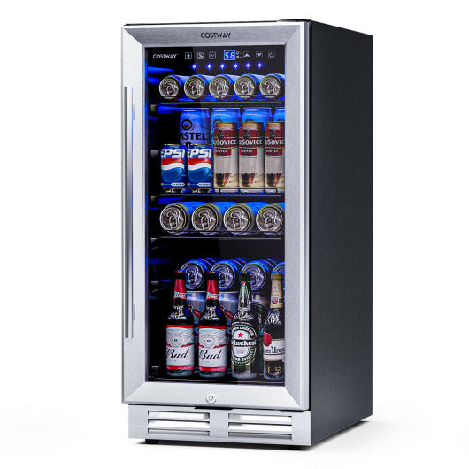 Costway 15" Silver 100 Can Built-in Freestanding Beverage Cooler Refrigerator with Adjustable Temperature and Shelf