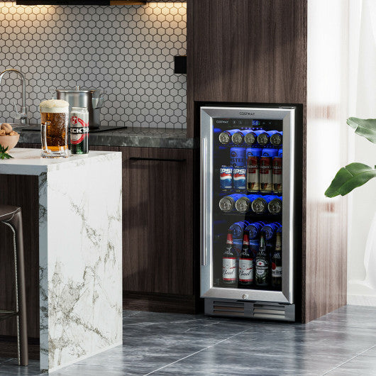Costway 15" Silver 100 Can Built-in Freestanding Beverage Cooler Refrigerator with Adjustable Temperature and Shelf