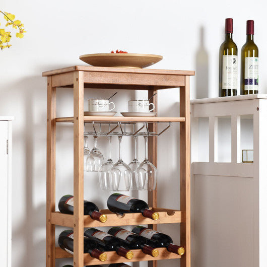 Costway 16 Bottles Bamboo Storage Wine Rack with Glass Hanger