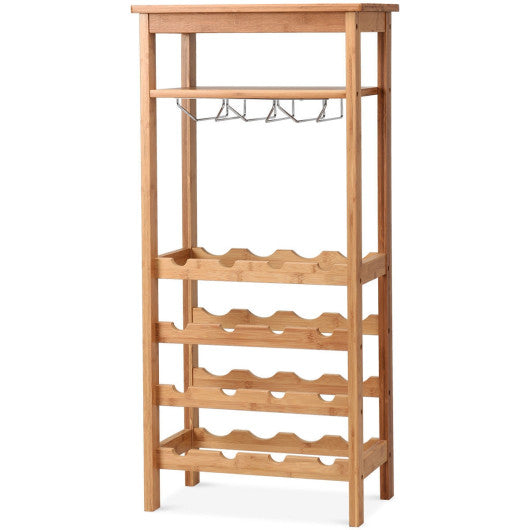 Costway 16 Bottles Bamboo Storage Wine Rack with Glass Hanger