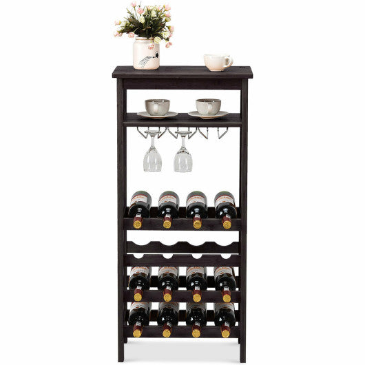 Costway 16 Bottles Brown Bamboo Storage Wine Rack with Glass Hanger