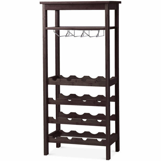 Costway 16 Bottles Brown Bamboo Storage Wine Rack with Glass Hanger