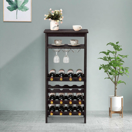 Costway 16 Bottles Brown Bamboo Storage Wine Rack with Glass Hanger