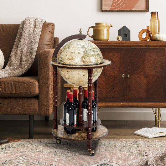 Costway 17" Italian Style Design Wooden Globe Liquor Bottle Wine Rack with Wheels