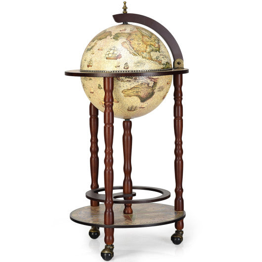 Costway 17" Italian Style Design Wooden Globe Liquor Bottle Wine Rack with Wheels