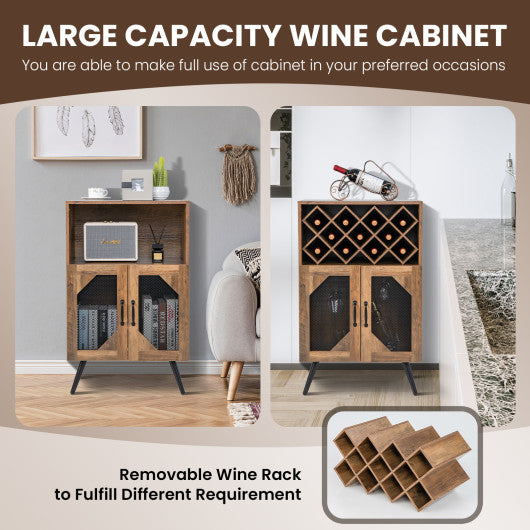 Costway 2-Door Rustic Brown Farmhouse Kitchen Storage Bar Cabinet with Wine Rack and Glass Holder