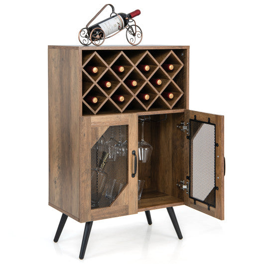 Costway 2-Door Rustic Brown Farmhouse Kitchen Storage Bar Cabinet with Wine Rack and Glass Holder