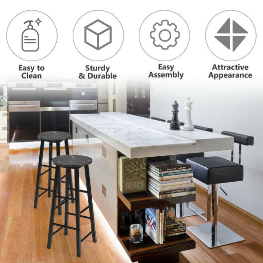 Costway 2 Pieces Black Industrial Round Seat Faux Marble Bar Stool Set