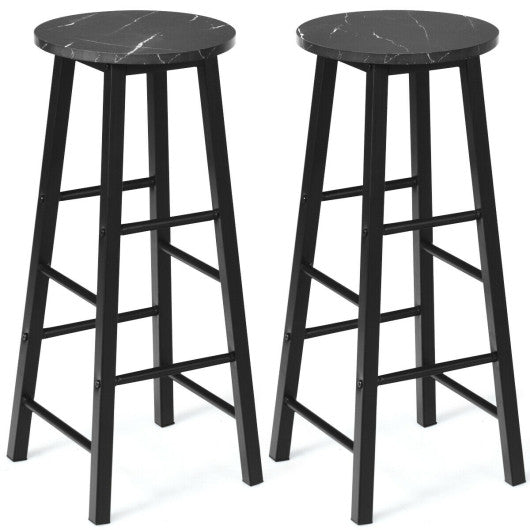 Costway 2 Pieces Black Industrial Round Seat Faux Marble Bar Stool Set