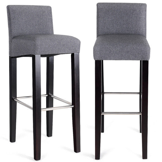 Costway 2 Pieces Gray Fabric Bar Stool Pub Chair with Solid Wooden Legs
